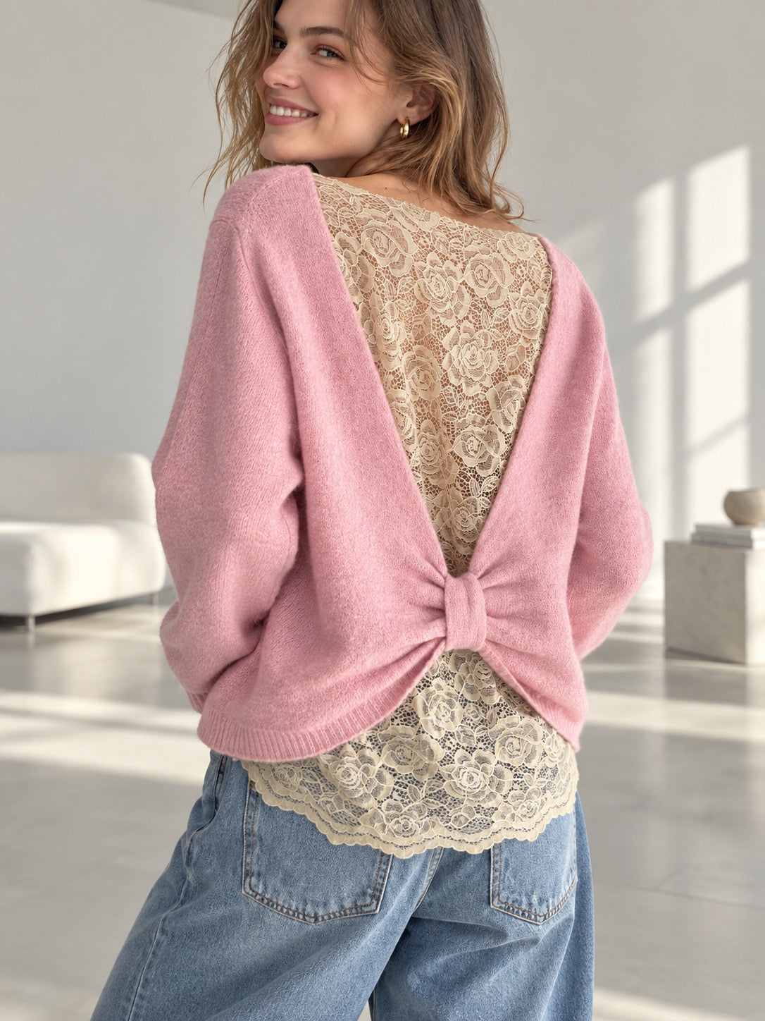 Pullover mit Spitzenrücken, Rosa