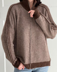 Strickjacke, Kontraststreifen, Reißverschluss, Kaffee