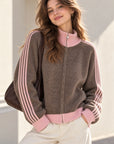 Strickjacke, Kontraststreifen, Reißverschluss, Taupe-Rosa