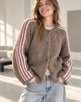 Strickjacke, Kontrastlinie-4, flauschi, Taupe