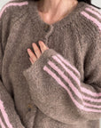 Strickjacke, Kontrastlinie-4, flauschi, Taupe