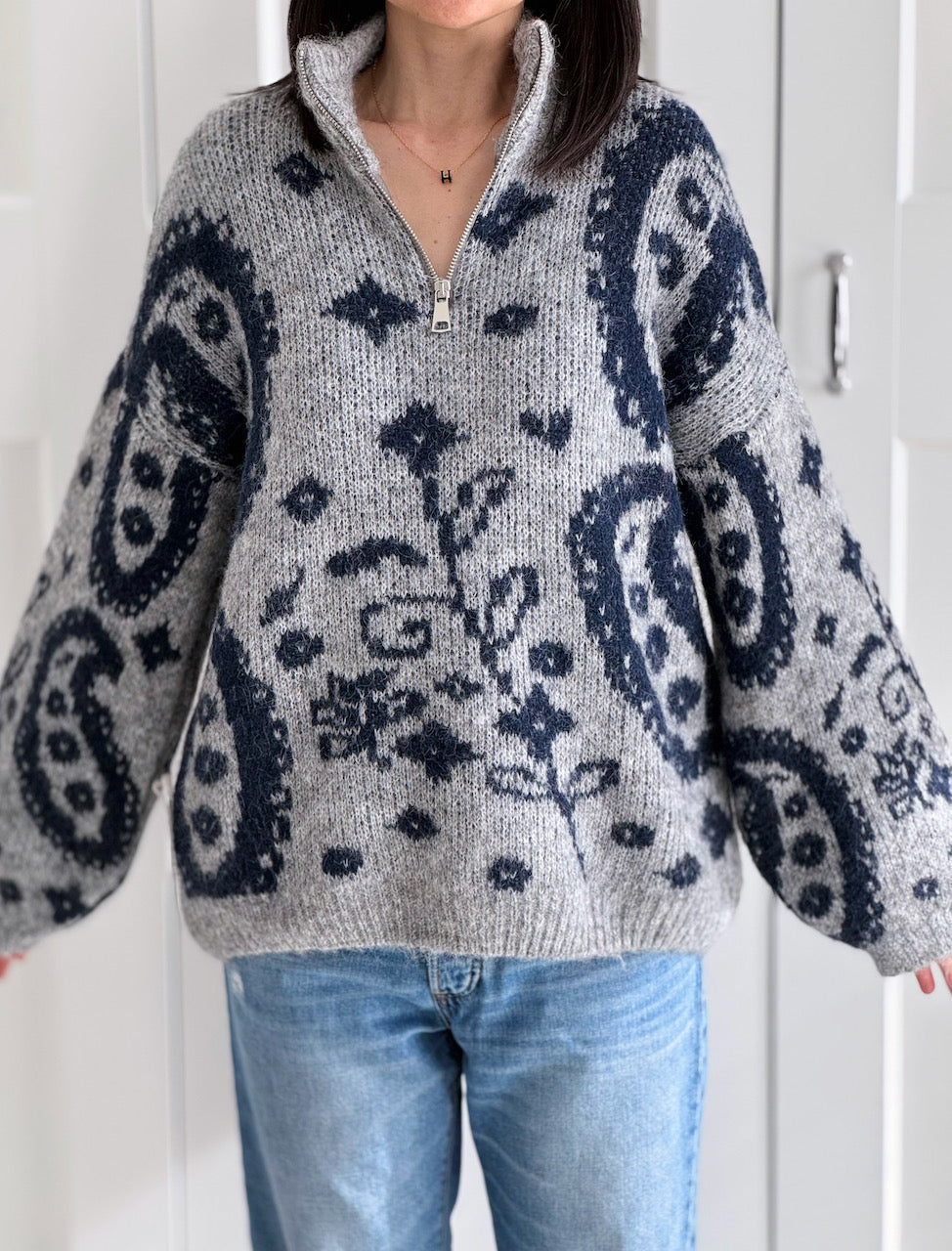 Pullover, Blumenmuster, Blau
