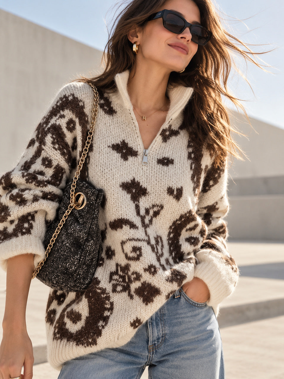 Pullover, Blumenmuster, Cremeweiß