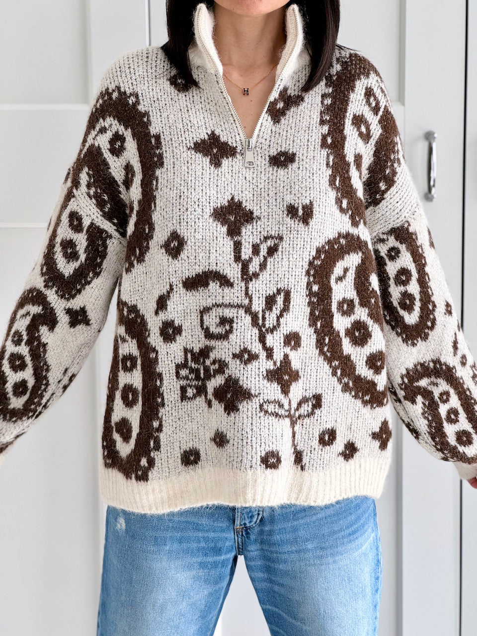 Pullover, Blumenmuster, Cremeweiß