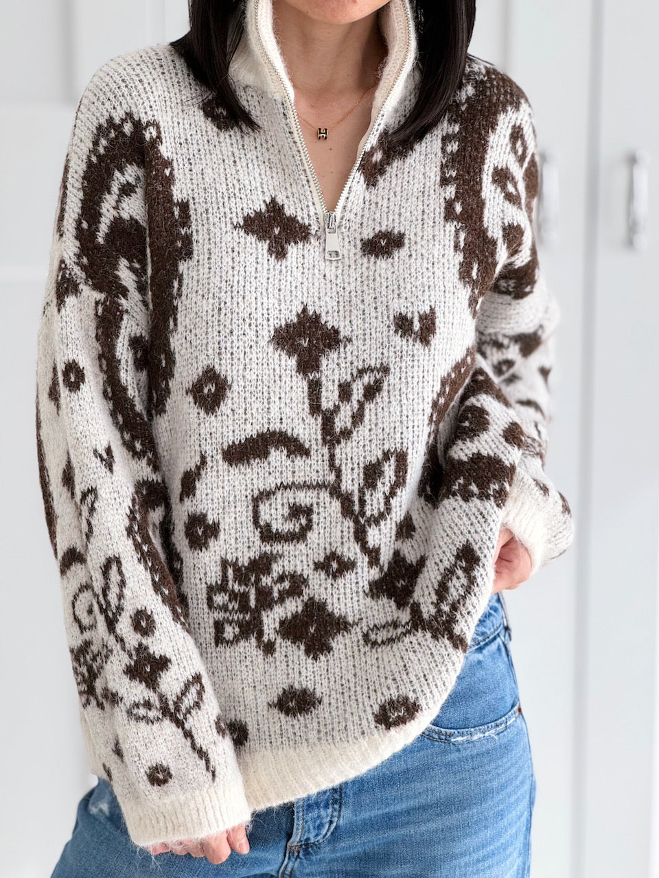 Pullover, Blumenmuster, Cremeweiß