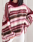 Oversize-Pullover, flauschi, bunte Streifen, Bordeaux-Rosa