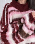 Oversize-Pullover, flauschi, bunte Streifen, Bordeaux-Rosa