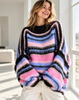 Oversize-Pullover, flauschi, bunte Streifen, Violett-Rosa
