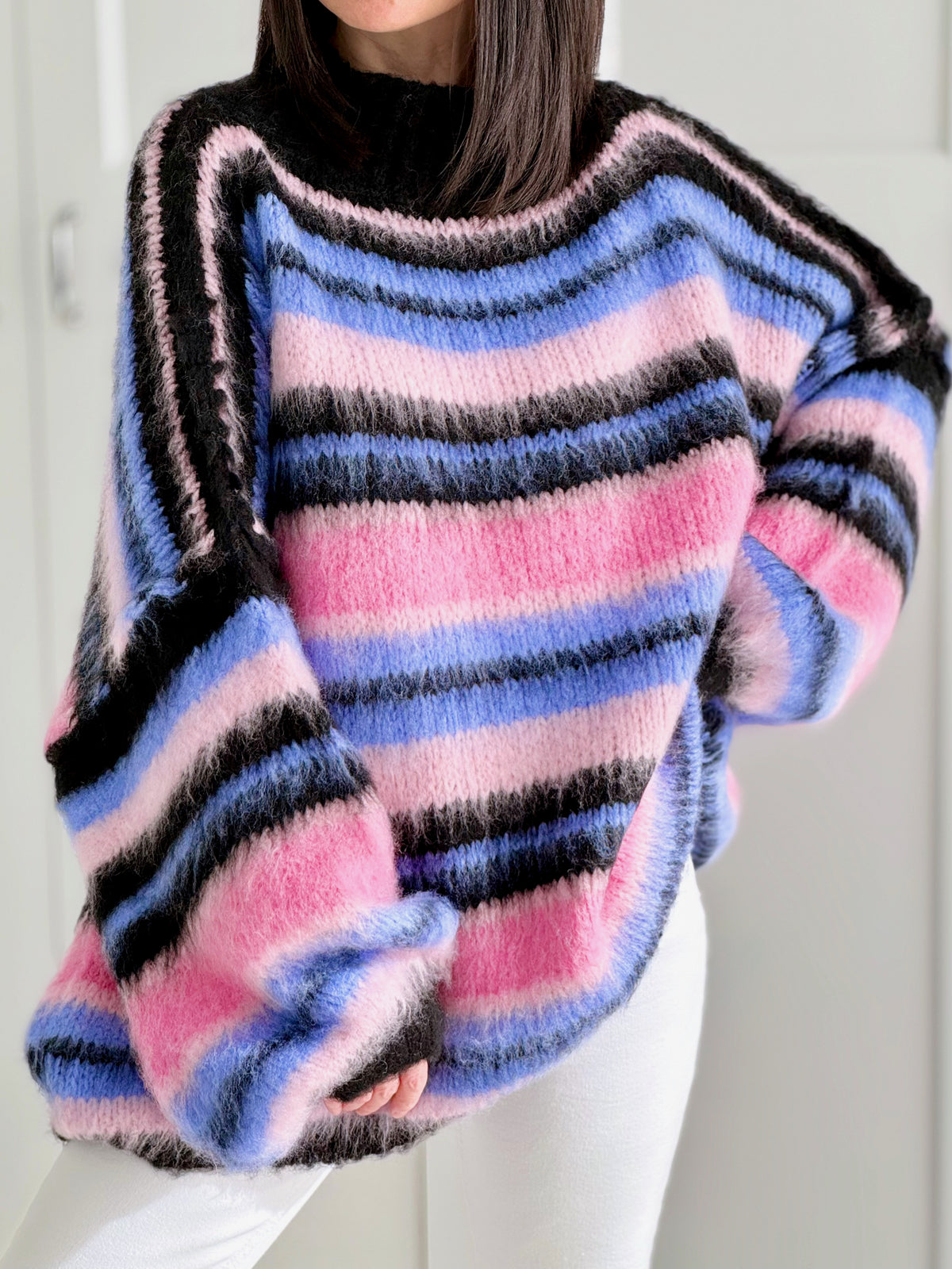 Oversize-Pullover, flauschi, bunte Streifen, Violett-Rosa