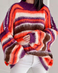 Oversize-Pullover, flauschi, bunte Streifen, Lila-Koralle
