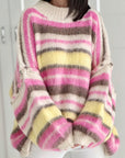 Oversize-Pullover, flauschi, bunte Streifen, Rosa-Vanille