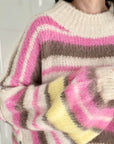 Oversize-Pullover, flauschi, bunte Streifen, Rosa-Vanille