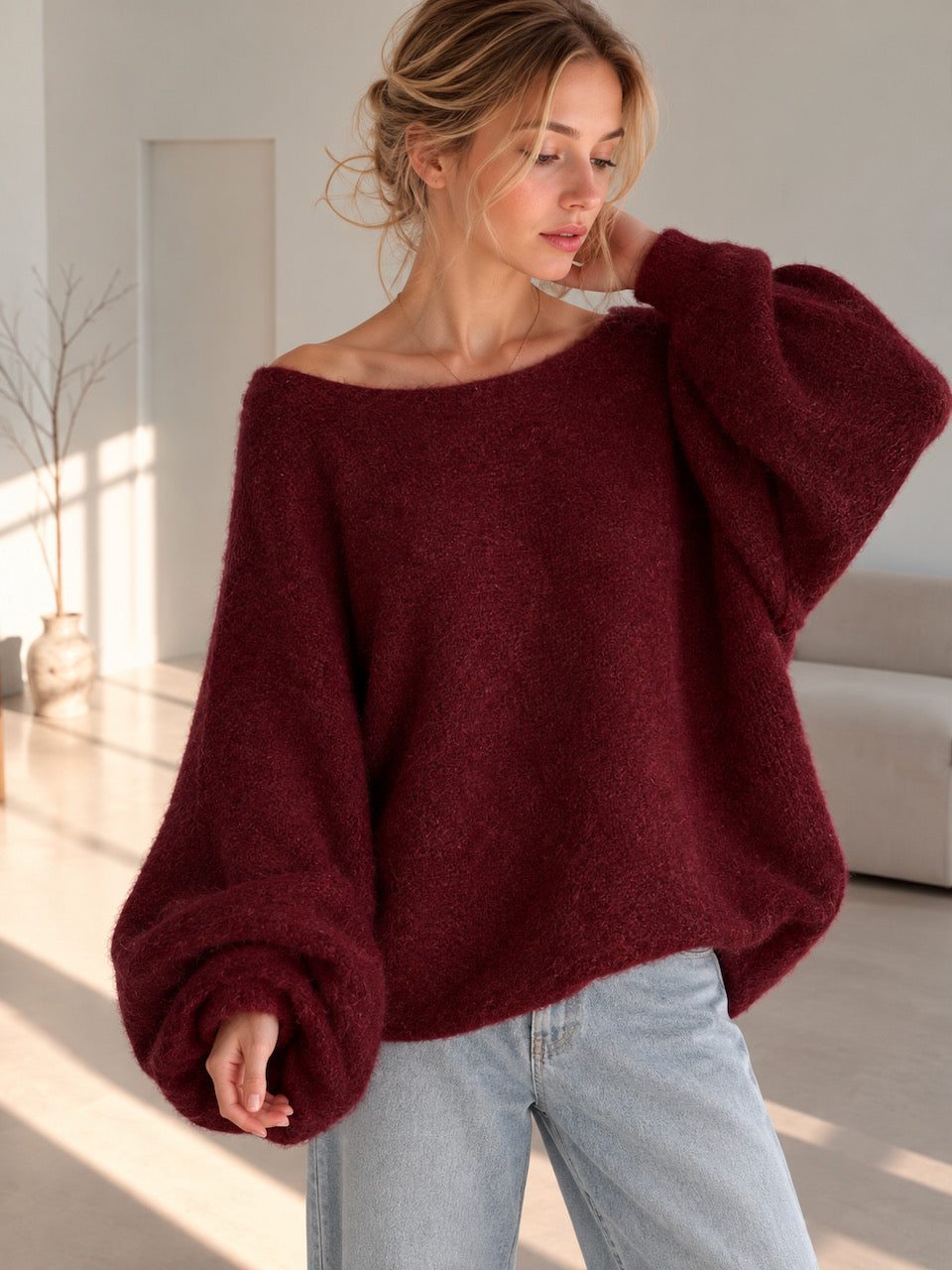 Oversize-Pullover mit Knopfärmeln, Bordeaux