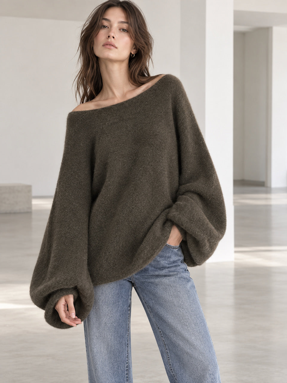 Oversize-Pullover mit Knopfärmeln, Khaki