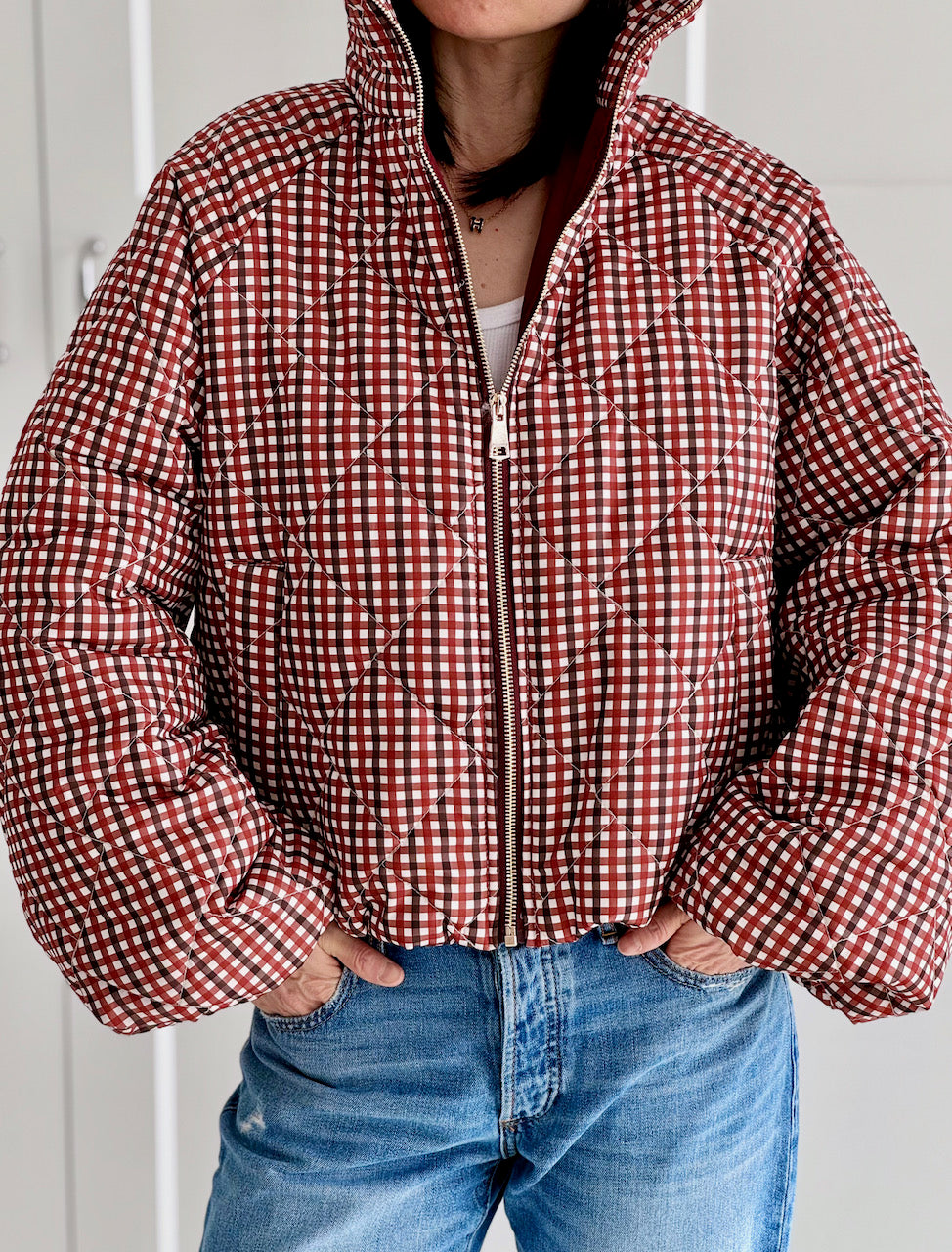 Steppjacke, Karomuster, Ziegel
