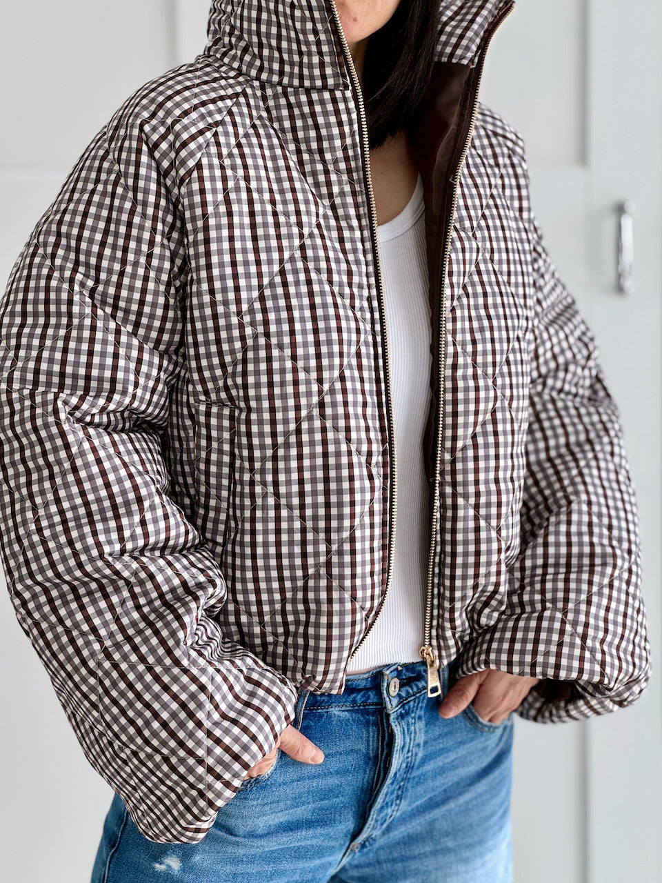 Steppjacke, Karomuster, Grau