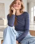 Cashmere Longsleeves, Streifen, Altblau