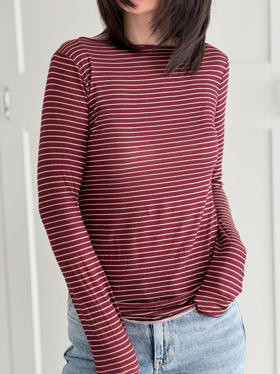 Cashmere Longsleeves, Streifen, Bordeaux