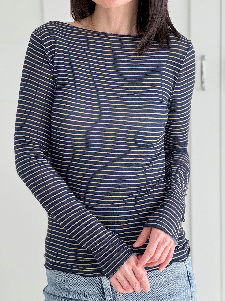 Cashmere Longsleeves, Streifen, Altblau