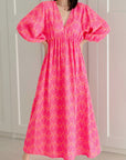 Musselin Kleid, rückenfrei, Palmenblätter, Neon-Pink