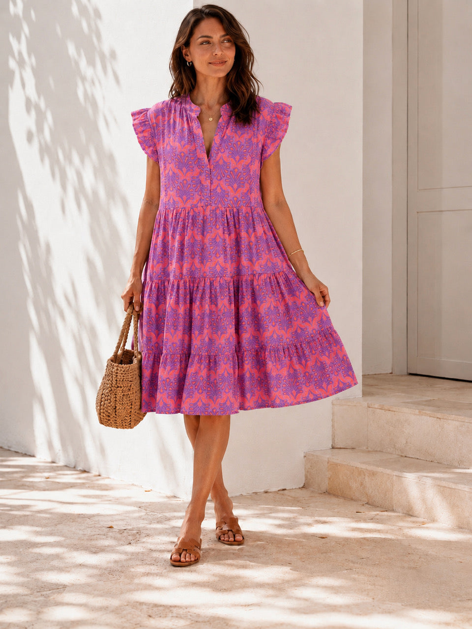 Musselin Tunika, Palmenblätter, Lila-Rosa