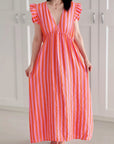 Musselin Kleid, rückenfrei, ärmellos, breite Streifen, Orange