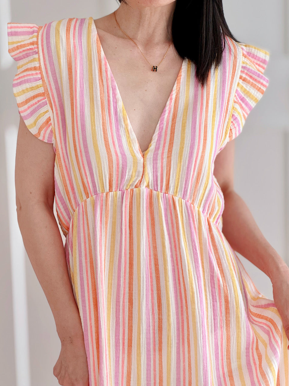 Musselin Kleid, rückenfrei, ärmellos, bunte Streifen, 3 Farben