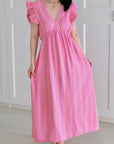 Musselin Kleid, rückenfrei, ärmellos, bunte Streifen, Pink