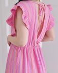 Musselin Kleid, rückenfrei, ärmellos, bunte Streifen, Pink
