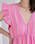 Musselin Kleid, rückenfrei, ärmellos, bunte Streifen, Pink