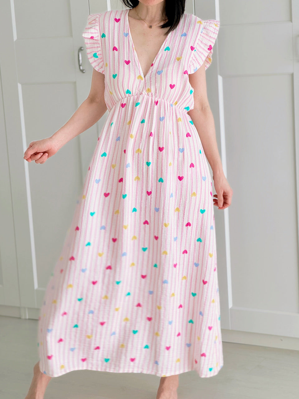 Musselin Kleid, rückenfrei, ärmellos, Herzchen-Streifen, 2 Farben