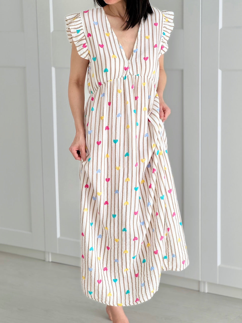 Musselin Kleid, rückenfrei, ärmellos, Herzchen-Streifen, 2 Farben