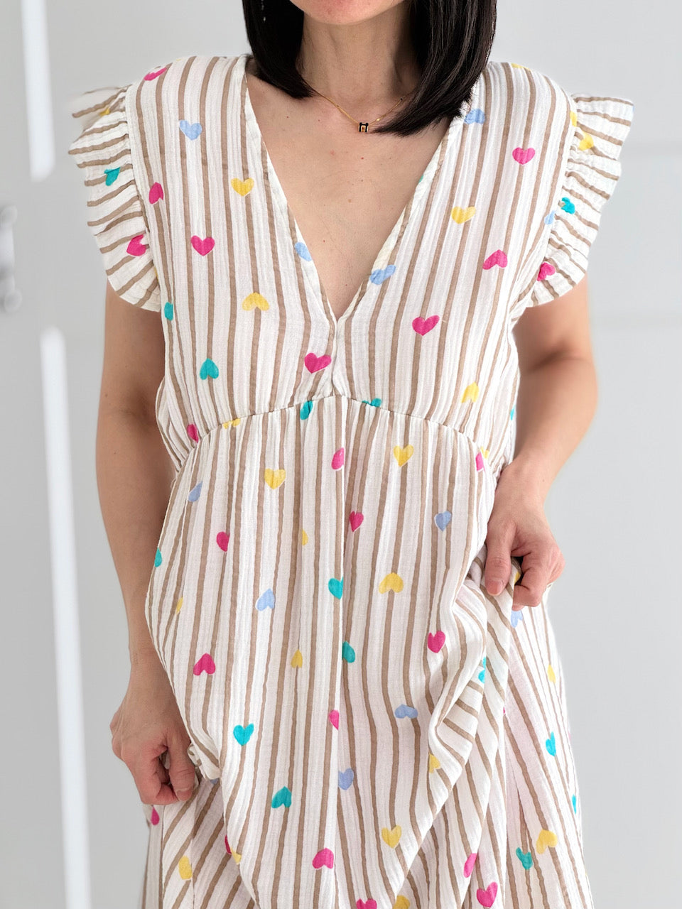 Musselin Kleid, rückenfrei, ärmellos, Herzchen-Streifen, 2 Farben