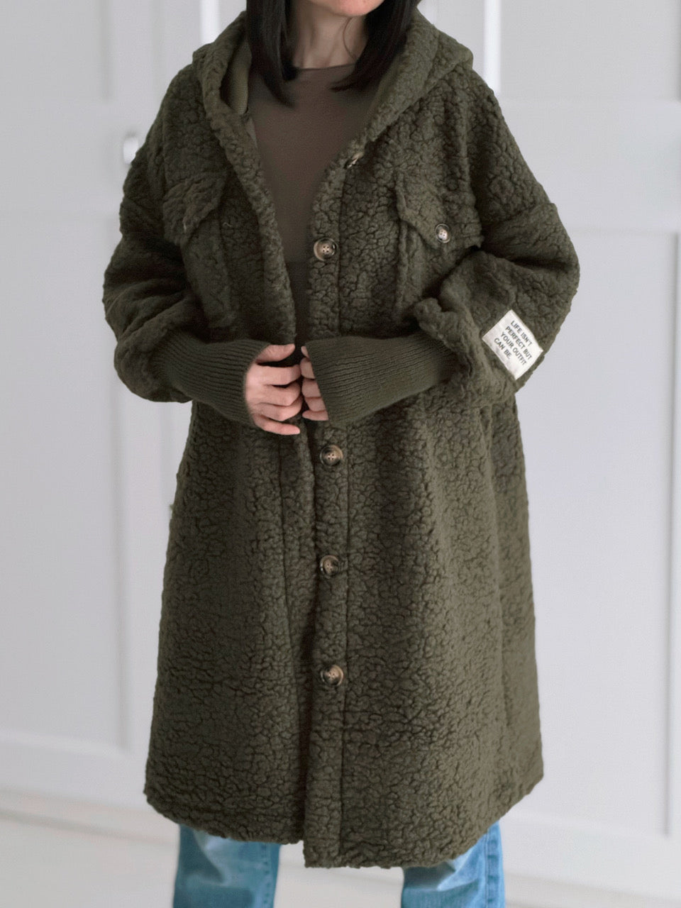 Teddy-Mantel, Patch &amp; Kapuze, Khaki