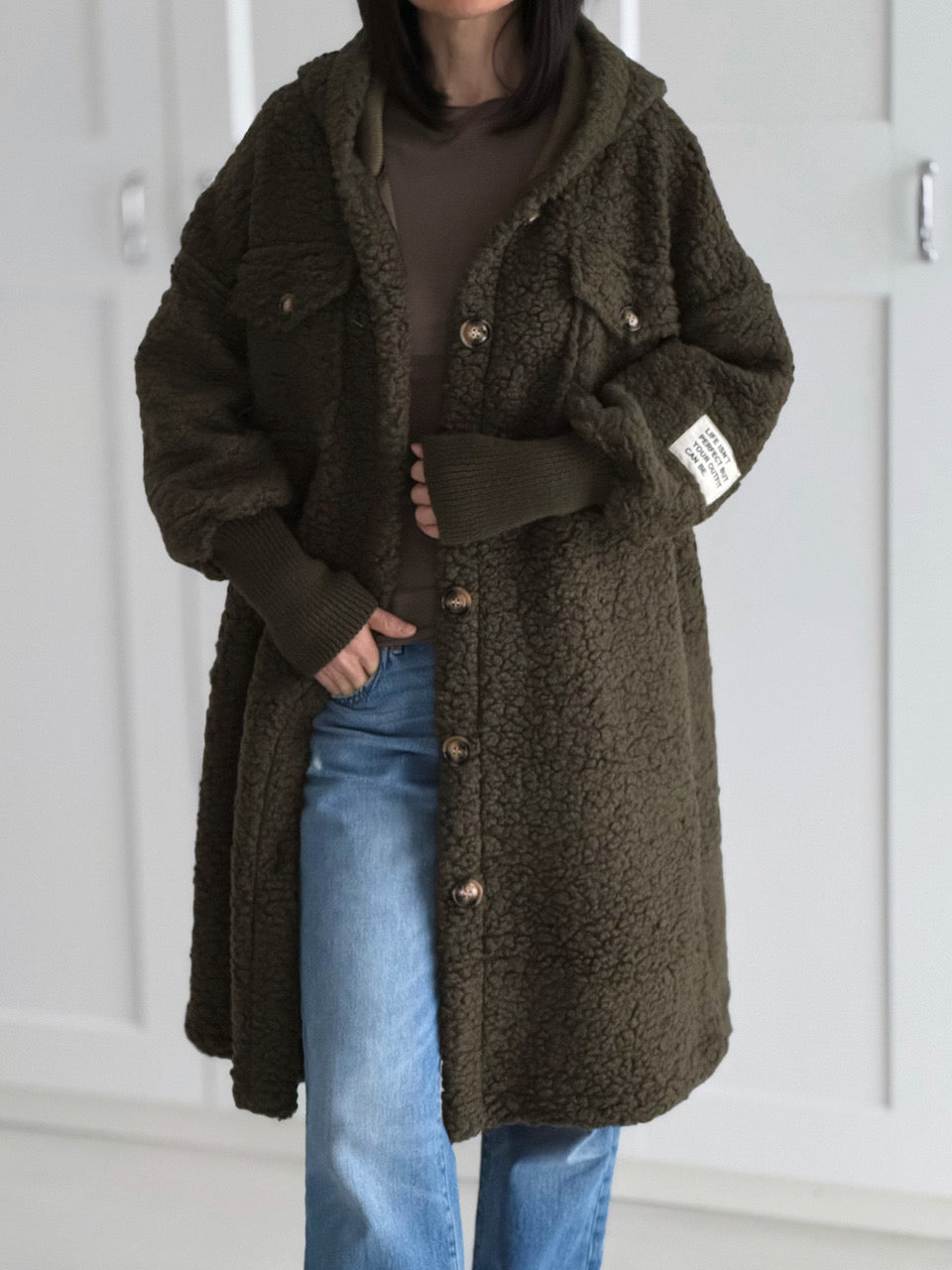 Teddy-Mantel, Patch &amp; Kapuze, Khaki