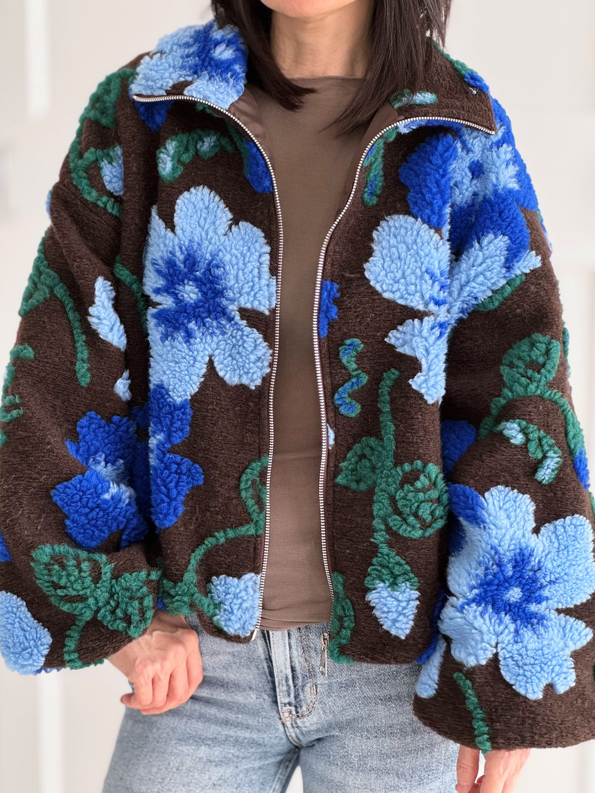 Teddyjacke, 3D-Blumen, Blau-Schoko