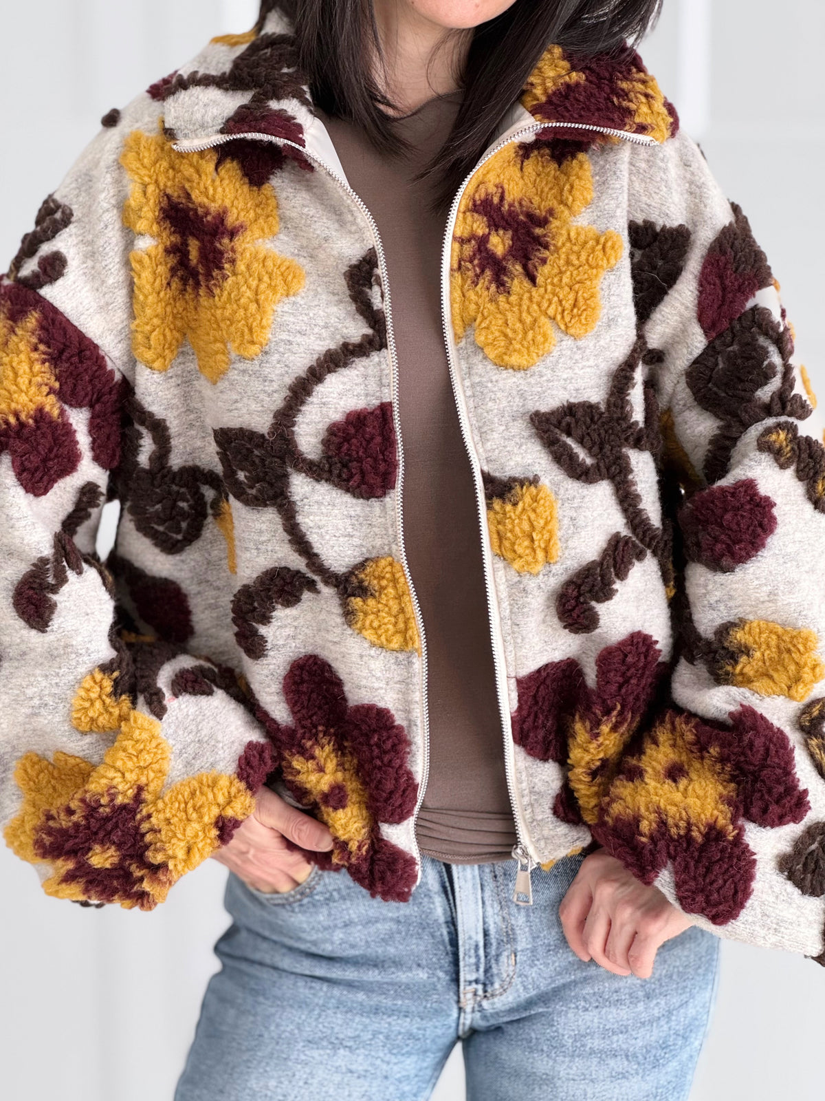 Teddyjacke, 3D-Blumen, Senf-Beige