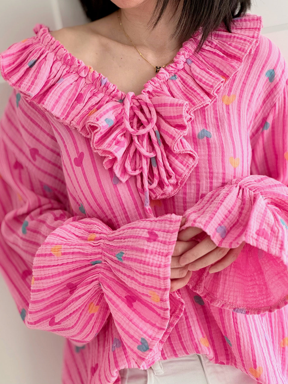 Musselin Rüschenbluse, Herzchen, 5 Farben