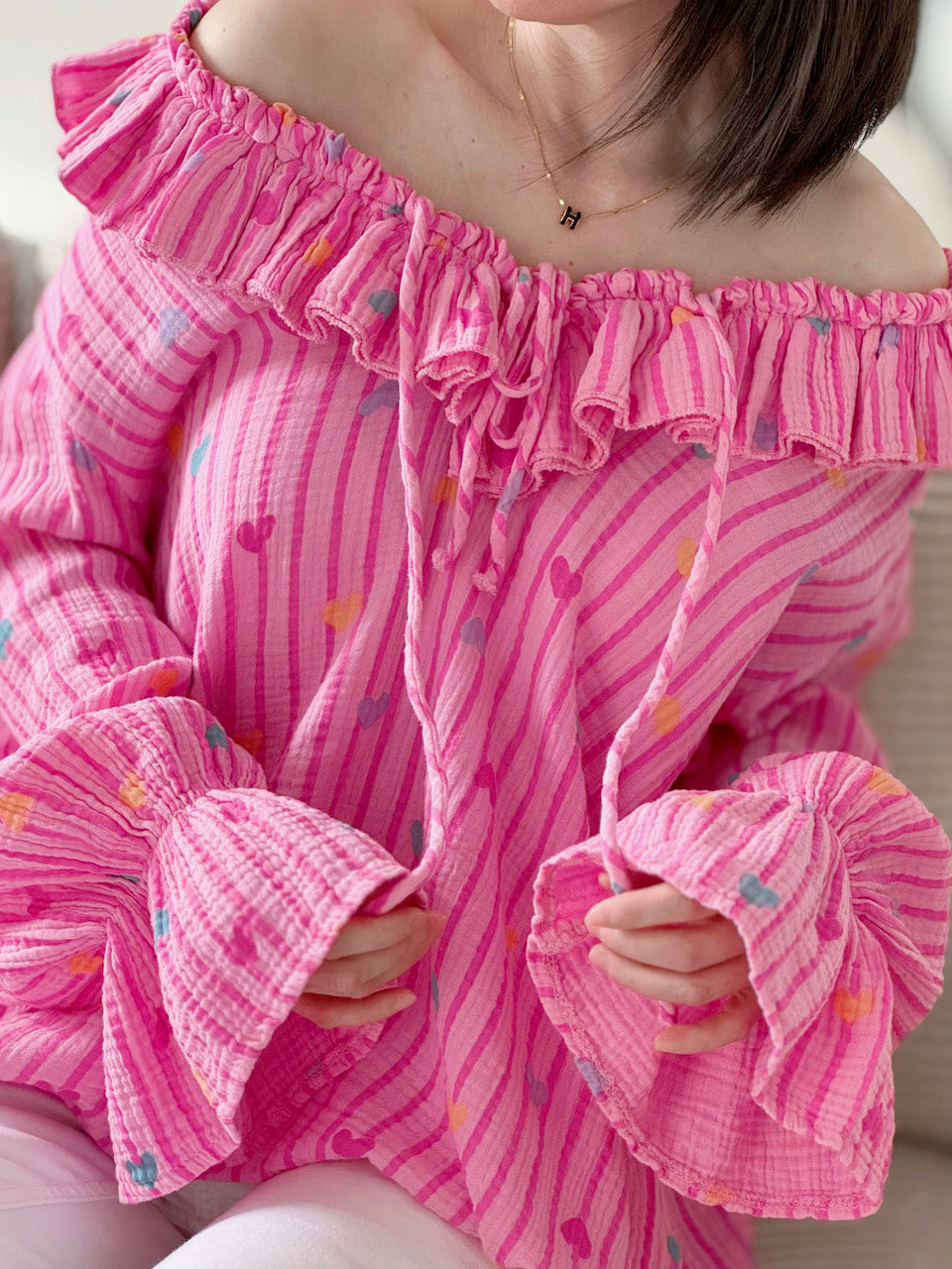 Musselin Rüschenbluse, Herzchen, 5 Farben