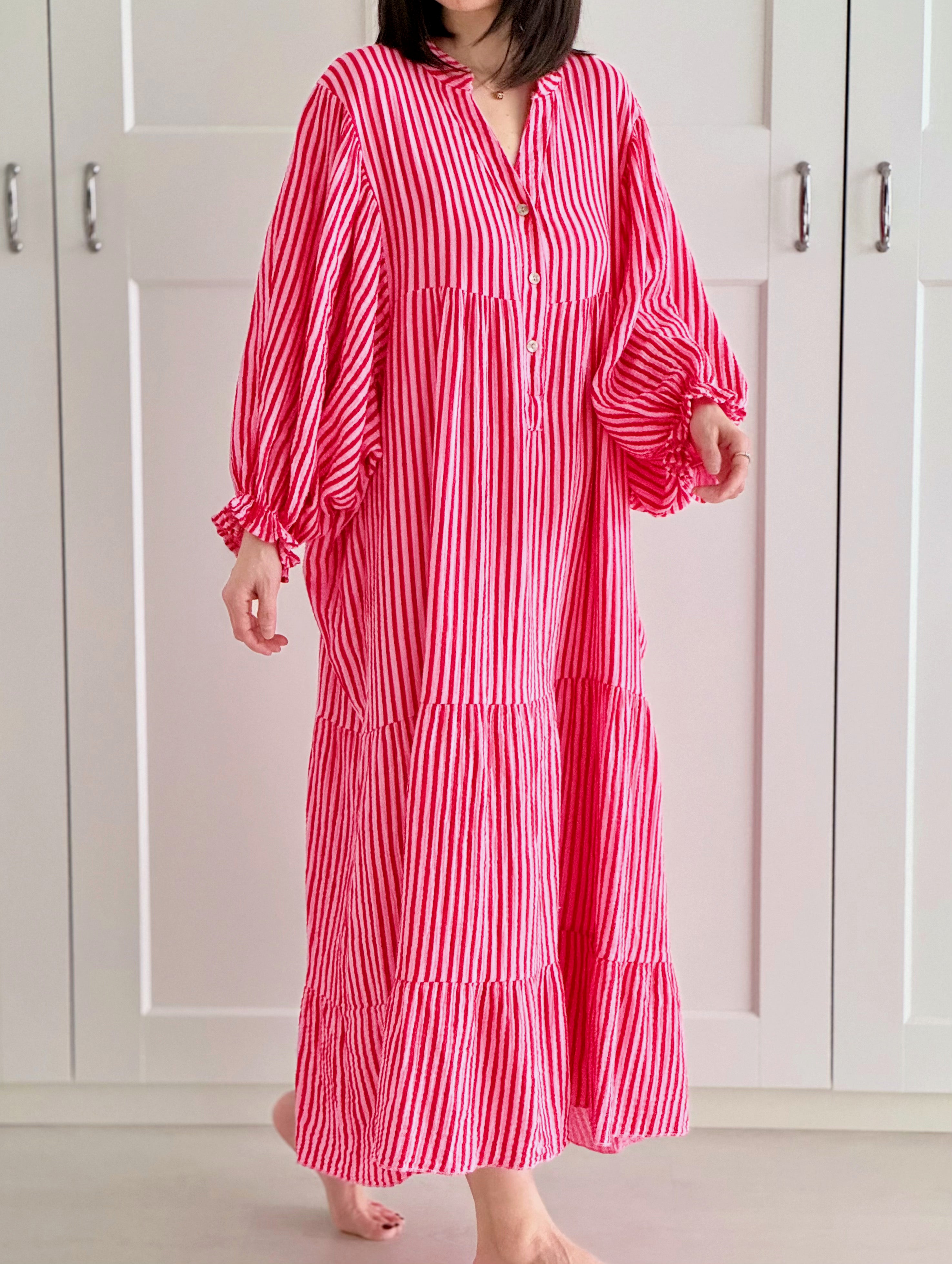 Musselin Kleid, Streifen, Rüschen, 2 Farben