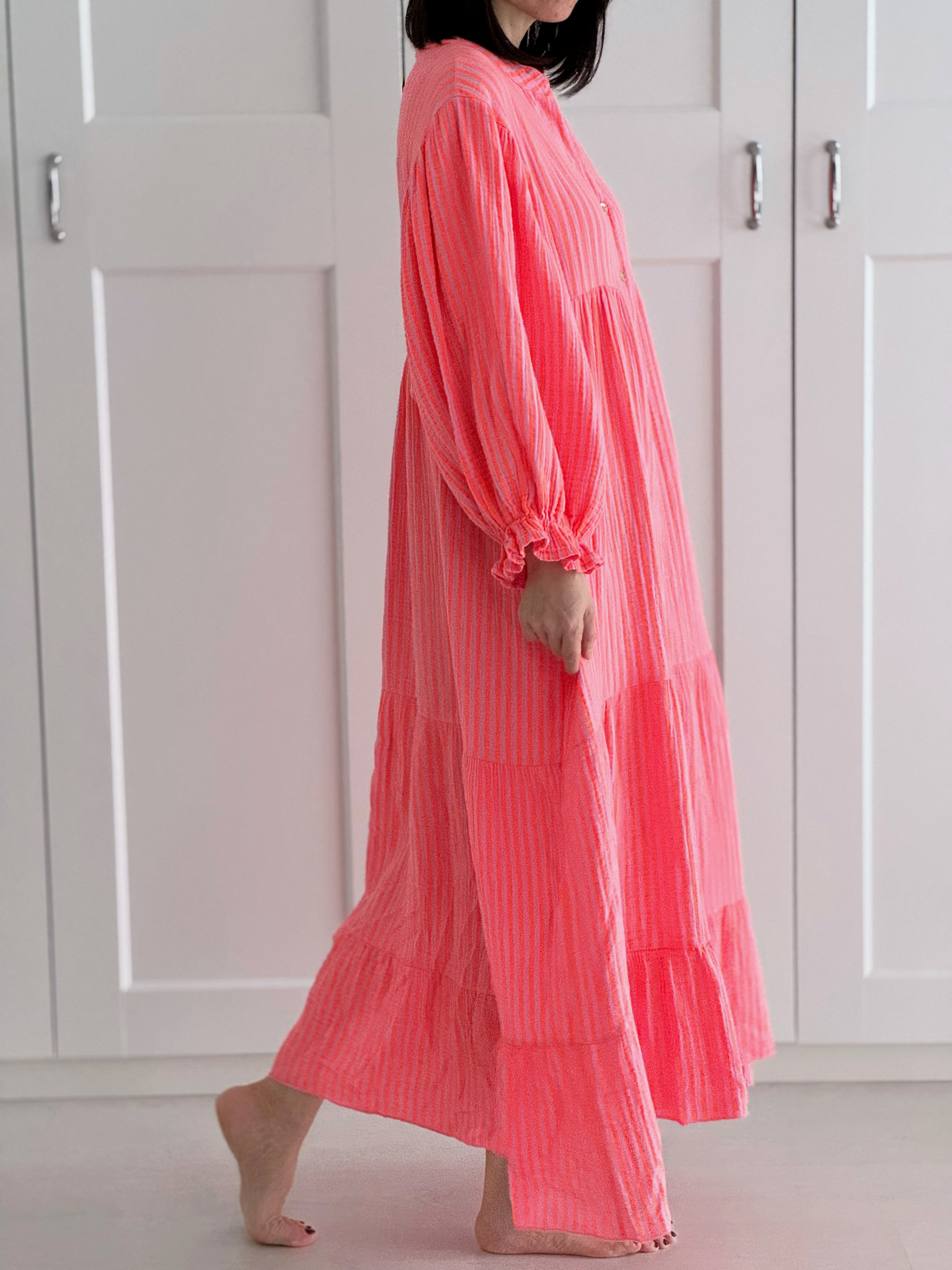 Musselin Kleid, Streifen, Rüschenbündchen, 4 Farben