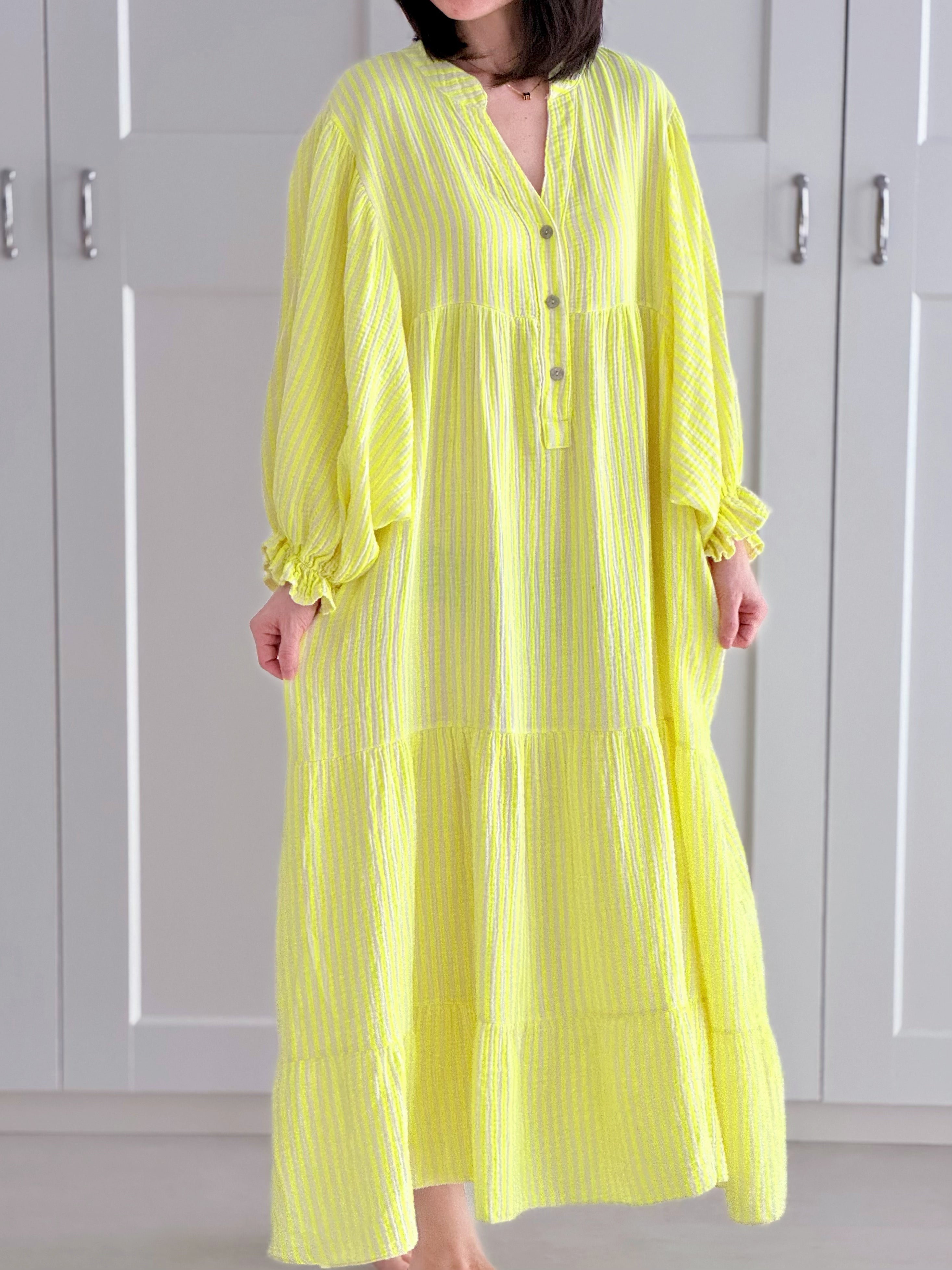 Musselin Kleid, Neon-Streifen, Rüschen, 4 Farben