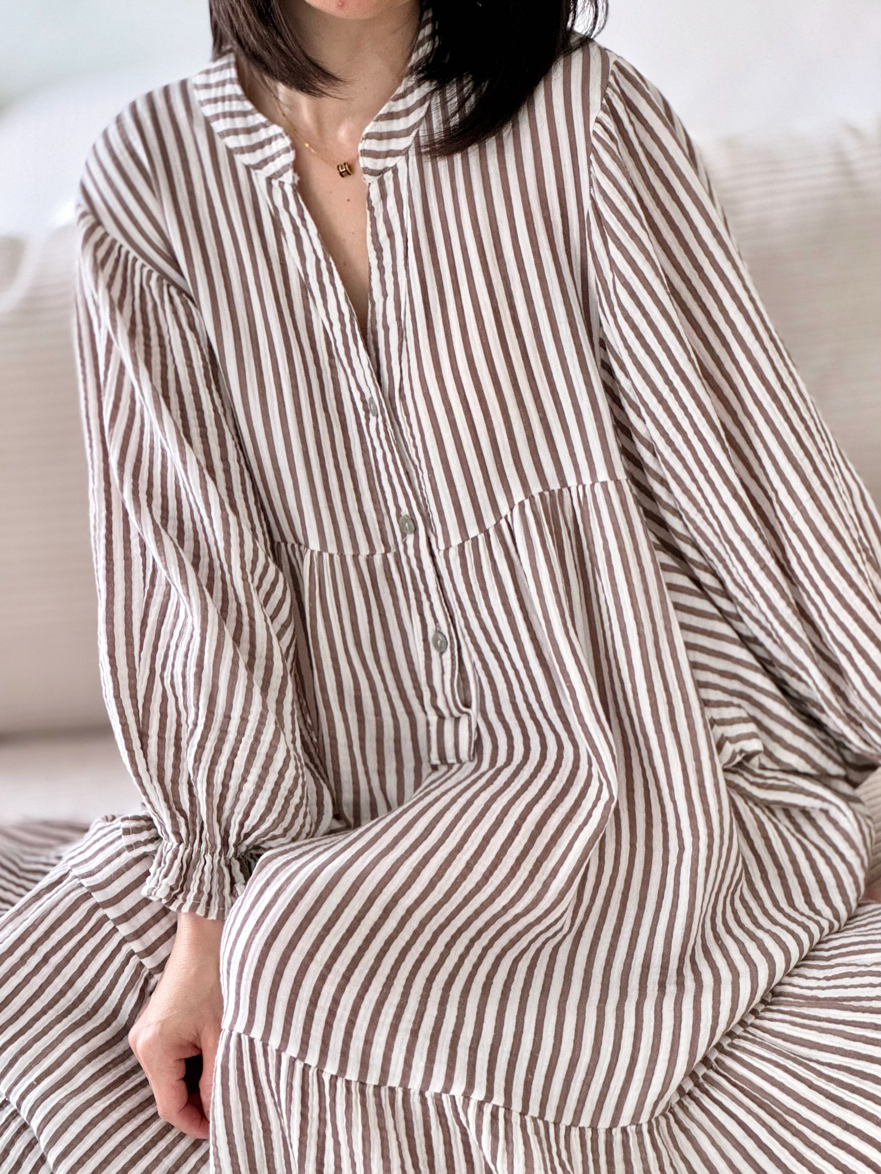 Musselin Kleid, Streifen, Rüschenbündchen, 4 Farben