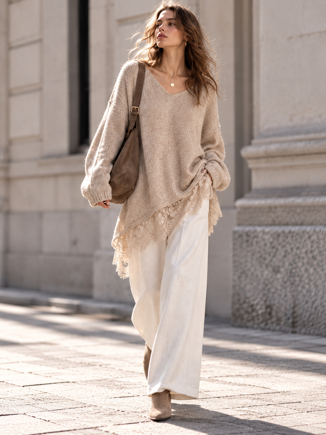 Oversize-Pullover mit Spitzensaum, 5 Farben
