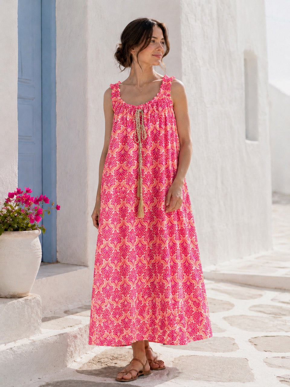 Boho-Kleid, Palmblätter, Neon-Pink