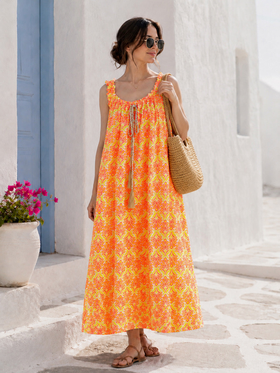 Boho-Kleid, Palmblätter, Neon-Orange
