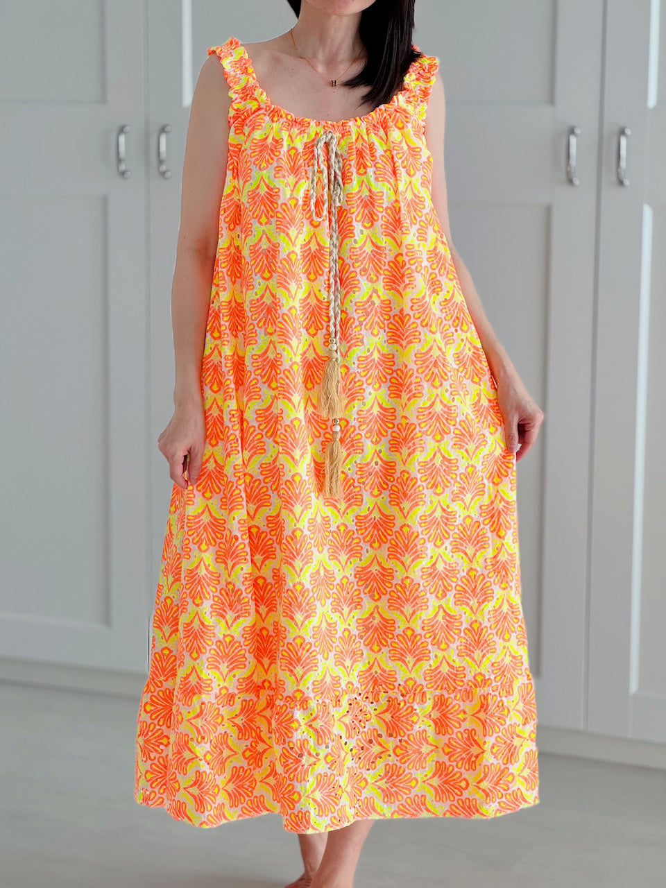 Boho-Kleid, Palmblätter, Neon-Orange