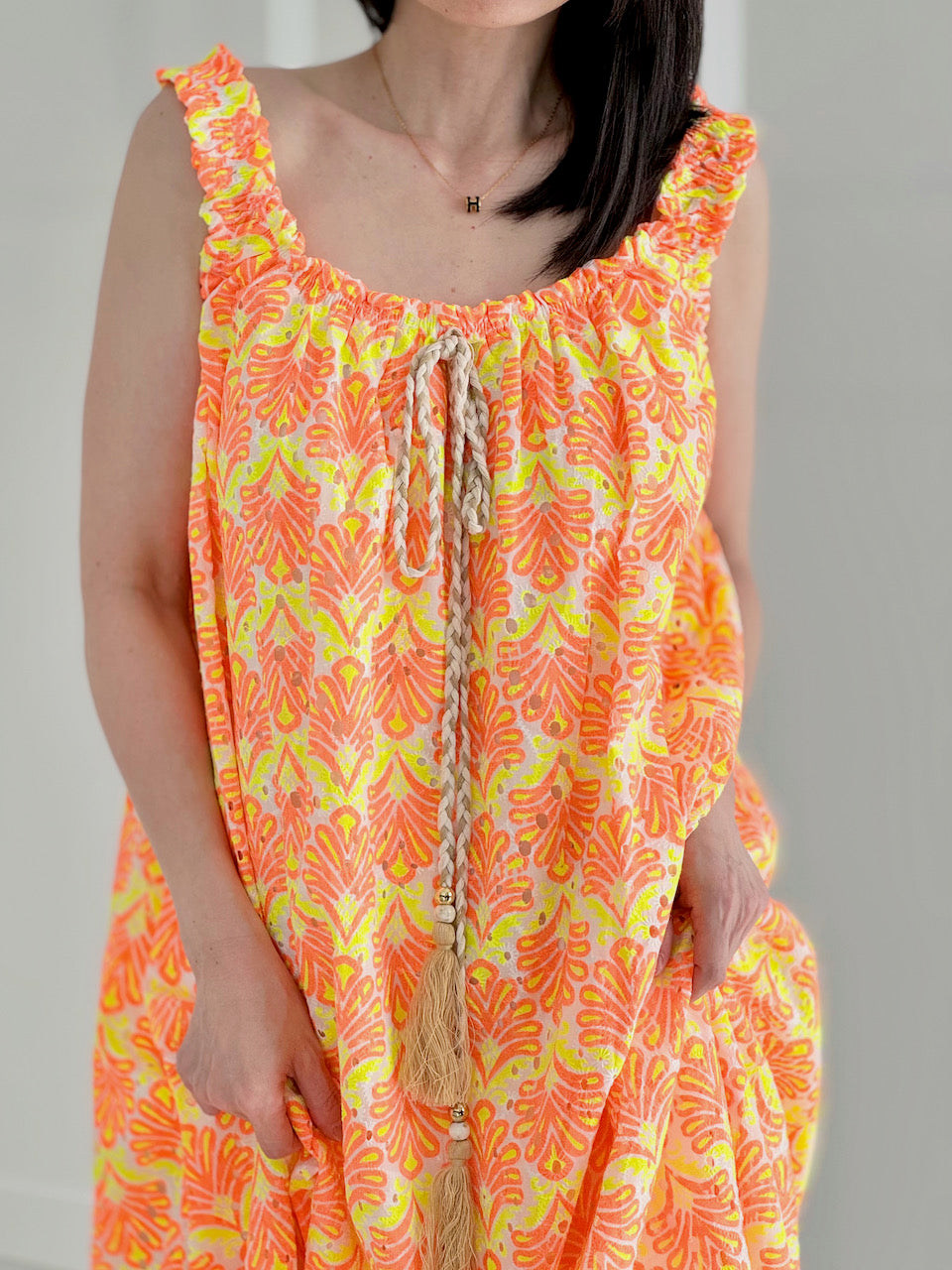 Boho-Kleid, Palmblätter, Neon-Orange