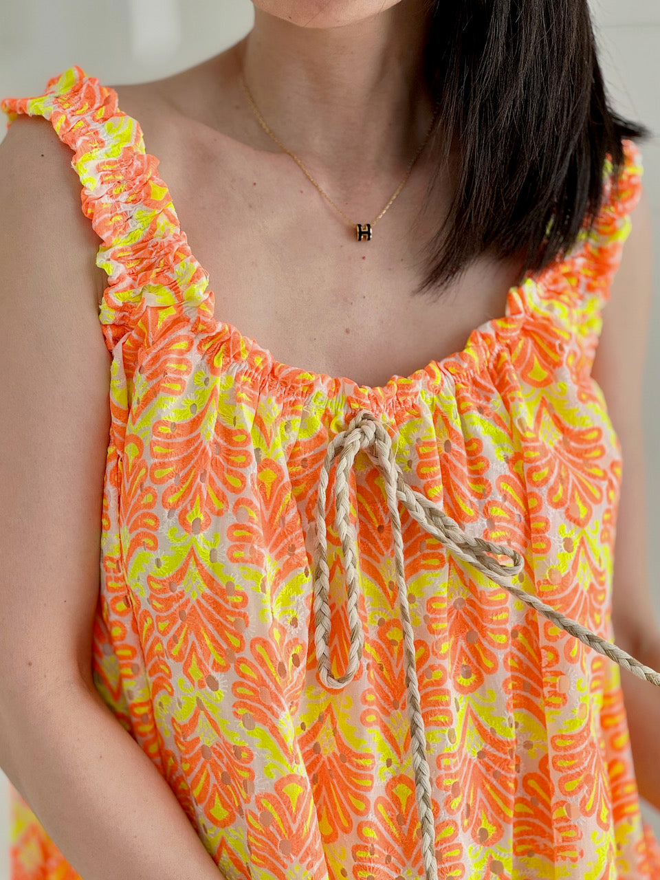 Boho-Kleid, Palmblätter, Neon-Orange
