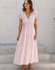 Musselin Kleid, rückenfrei, ärmellos, bunte Streifen, Rosa
